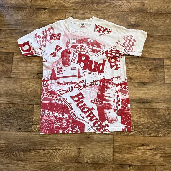 Vintage 90s Nascar Bill Elliott Budweiser AOP Tee Shirt - Picture 1 of 5